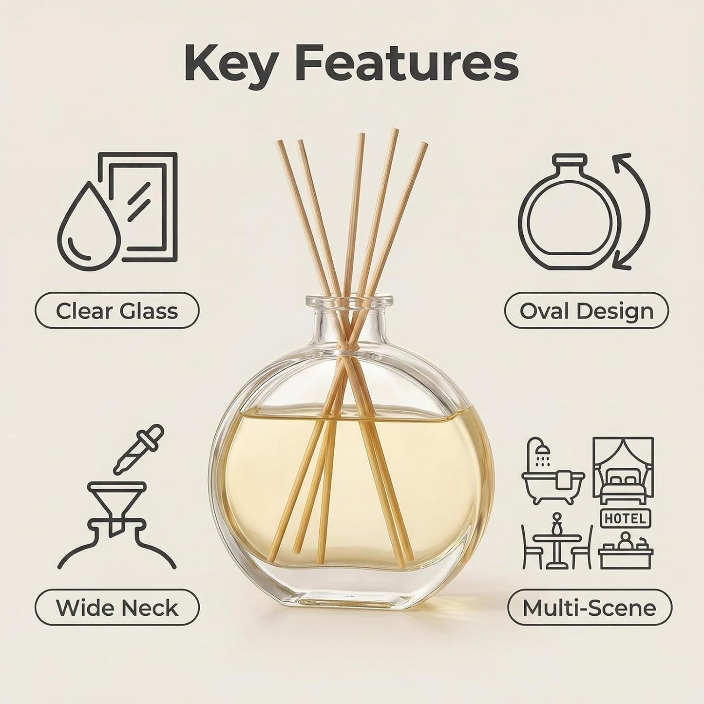 1 Pack 150ml/5oz Flat Round Clear Glass Reed Diffuser Bottles, Refillable Aromatherapy Essential Oil Bottles for Bathroom, Home & Office Decor