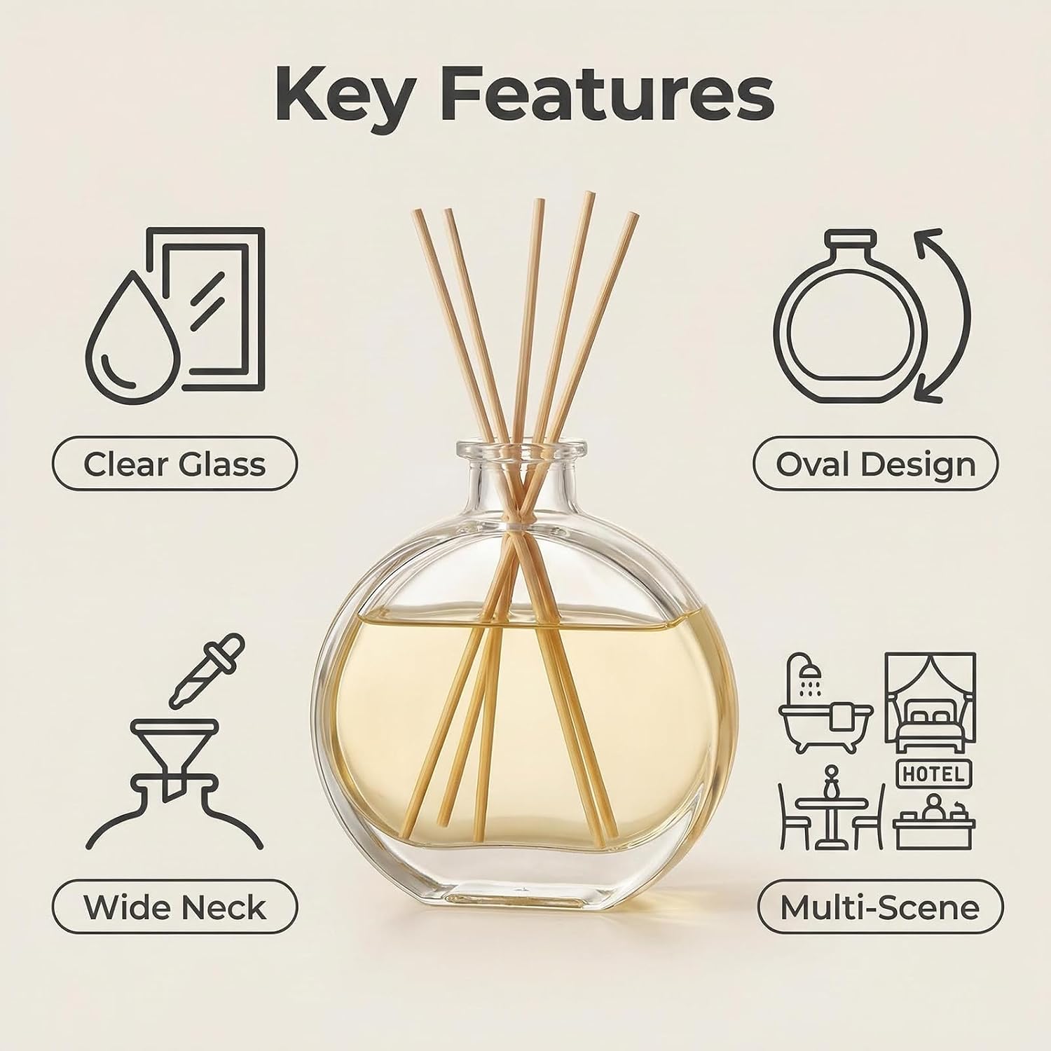 1 Pack 150ml/5oz Flat Round Clear Glass Reed Diffuser Bottles, Refillable Aromatherapy Essential Oil Bottles for Bathroom, Home & Office Decor