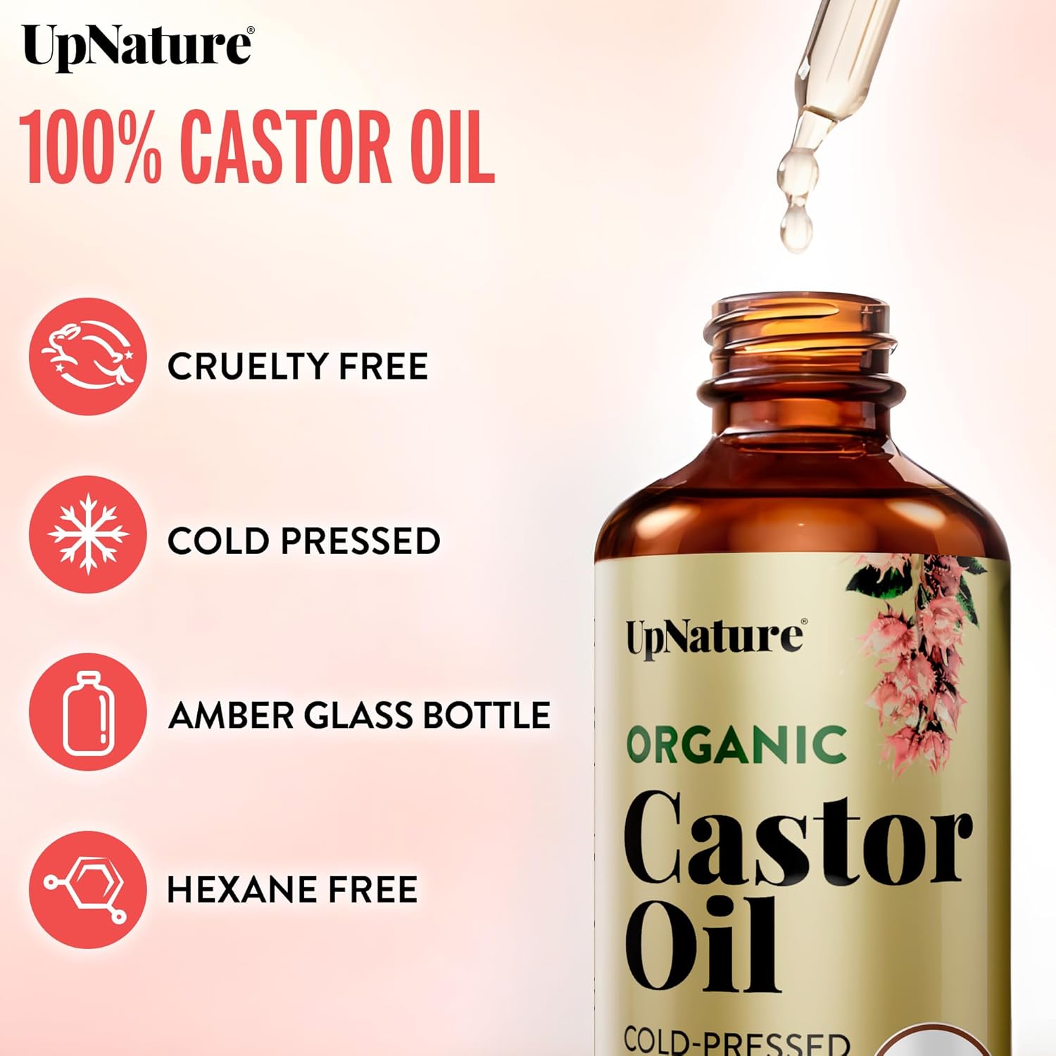 UpNature Lash Serum for Eyelash Growth - 100% USDA Organic Castor Oil for Eyelashes and Eyebrows Hexane Free (2oz Glass Bottle)