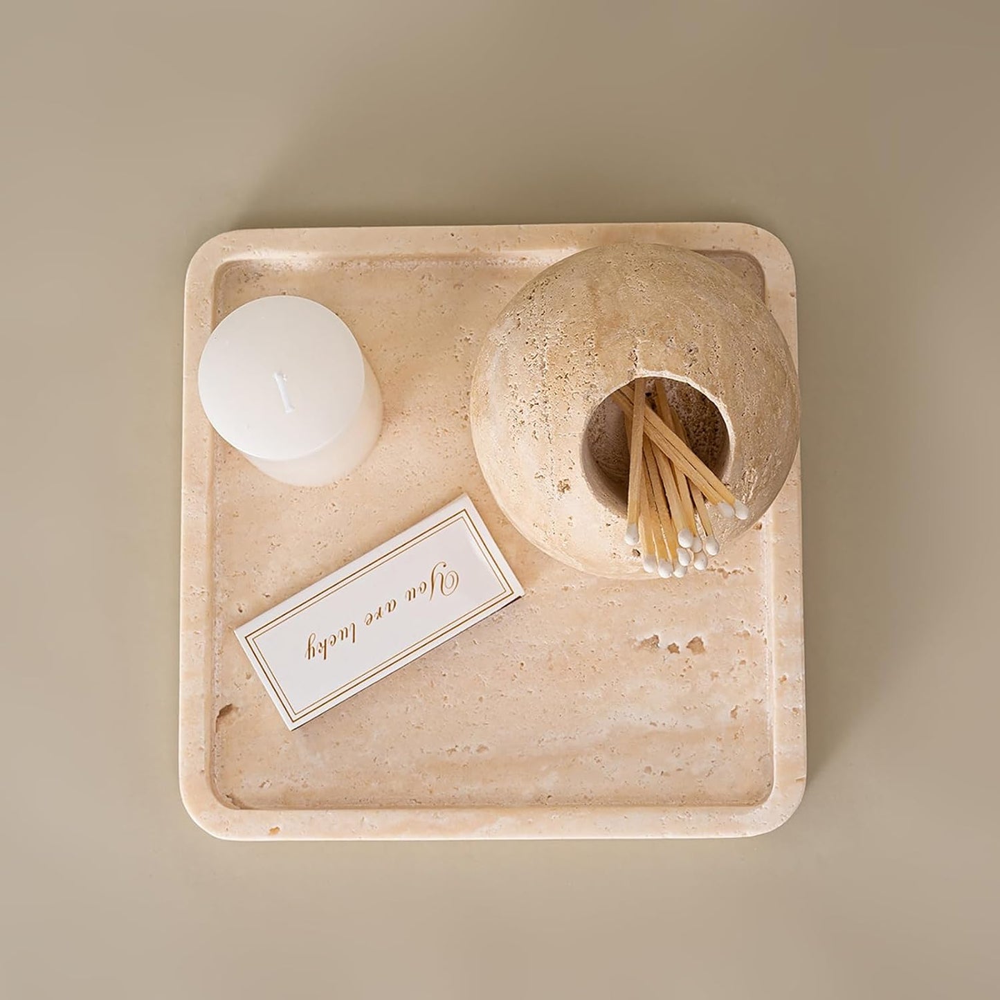 100% Travertine Toothpick Holder | Match Holder | Cute Beige Match Jar | Matches Box for Candles or Bathroom Decor | 2.1*2.1*2.2 | Toothpicks NOT Included