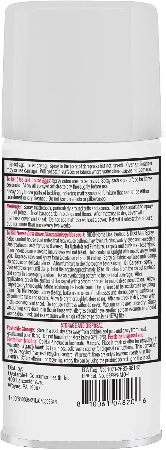 Rid Home Lice Bed Bug Dust Mite Spray Home Treatment Spray with Permethrin Kills Lice and Lice Eggs on Mattresses Furniture Car Interiors and Other Nonwashable Items Spray Can, 5 Ounce