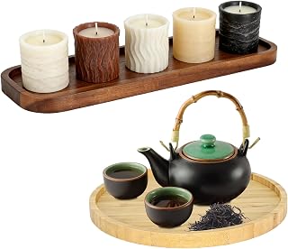 Wood Candle Holder Set, Long Tray and Round Candle Plate for Rustic Home Decor, Kitchen Decor, Dining Table, Coffee Table, Counter Display, Decorative Stand Accent for Shelves, 2 Pack