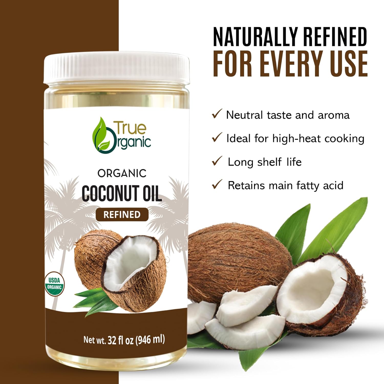True Organic Refined Coconut Oil, 32 fl oz, USDA Organic Certified, for Cooking and Baking
