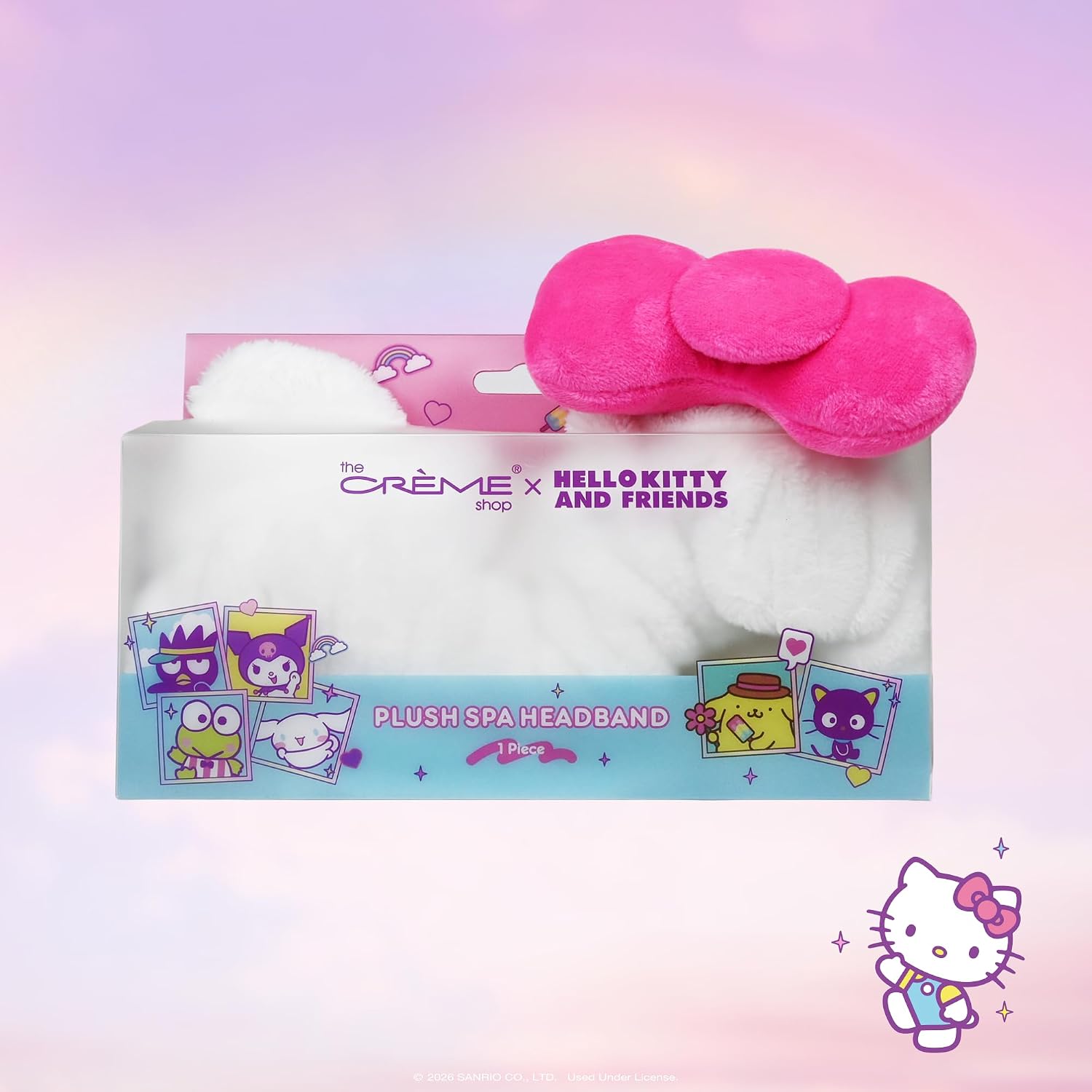 The Crème Shop x Hello Kitty Plush Spa Headband for Makeup, Washing Face, and Skincare, Soft Headband for Women and Girls (Hello Kitty and Friends Hot Pink Bow)