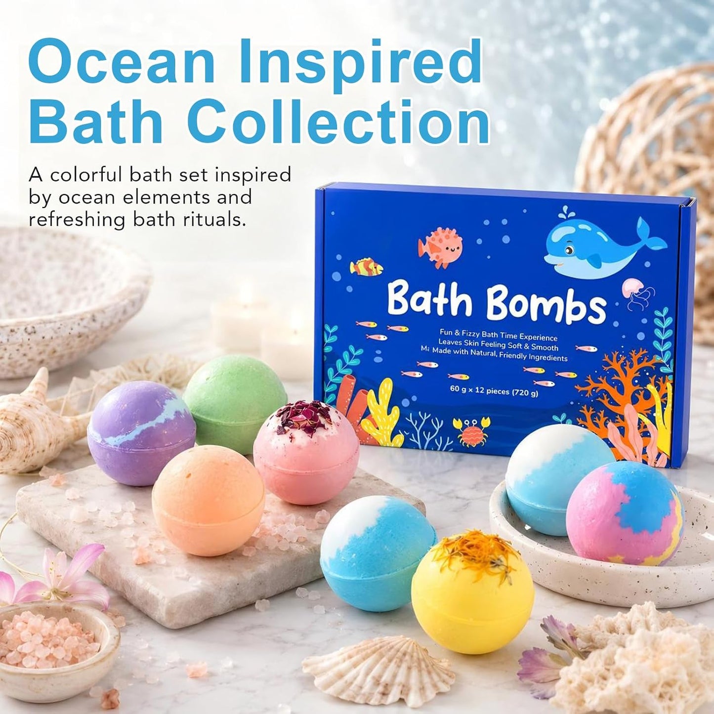 Ocean Theme Bath Bomb Set with Hidden Sea Creature Charms, 12 Colorful Fizzy Bath Bombs for Relaxing Bath Time, Self Care Gifts and Everyday Soaking Experience