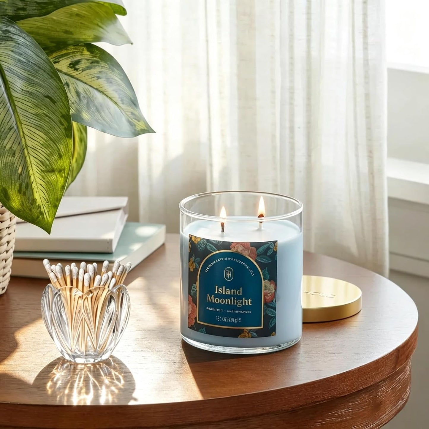 Glass Match Holder with Striker - Matches in a Jar for Bathroom Candle, or Fireplace - Housewarming Gift for Candle Lover - Flower Style Candle Accessories, Matches Not Included