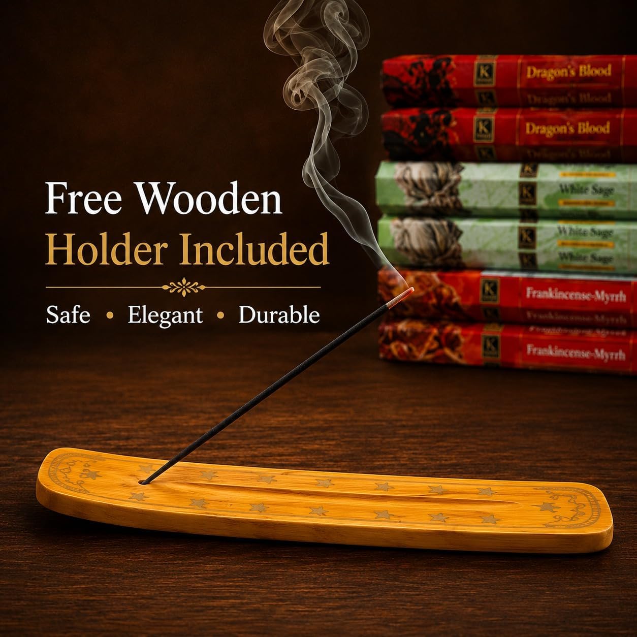 Incense Sticks Variety Pack | Dragon’s Blood, Frankincense & Myrrh & White Sage -120 Sticks | with Free Wooden Holder | Smudging Kit for Home Fragrance, Meditation & Yoga | Krishnascents
