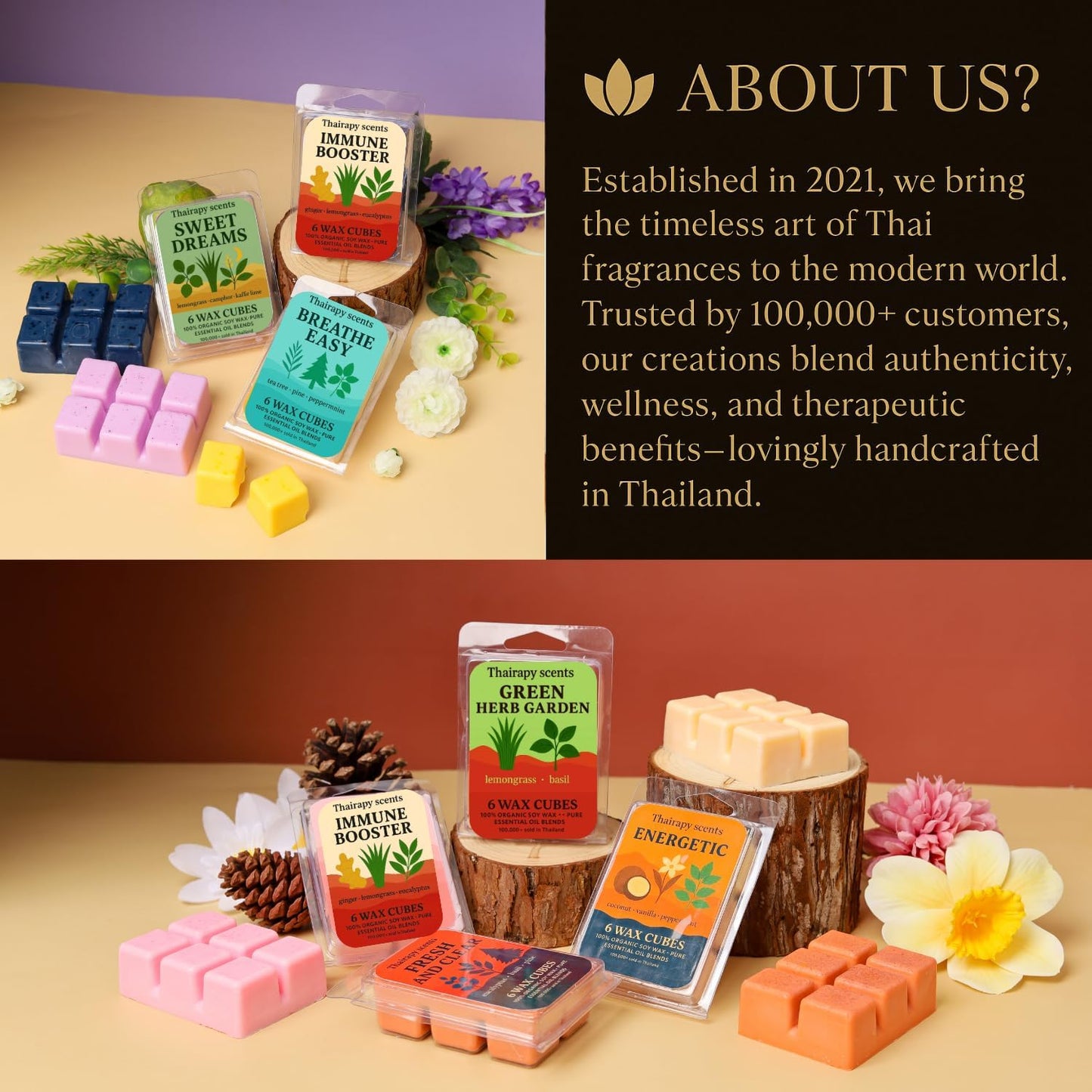 (Hand Poured in Thailand) Thairapy Scents Wax Melts, Premium Scented Natural,7.5oz (18-Cubes) Includes: Lotus Morning, Jasmine Breeze, Mountain Sandalwood (Siam Land of Smiles Collection)