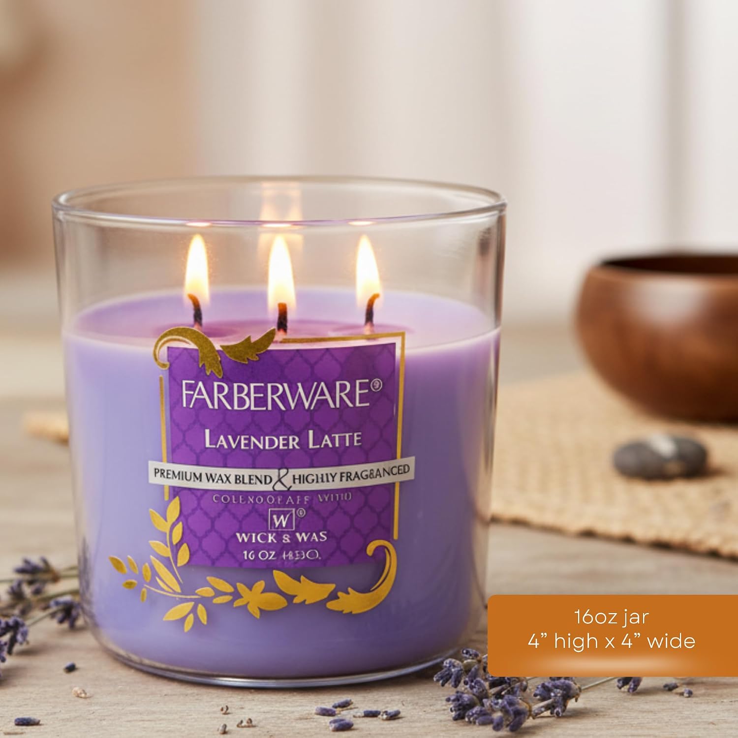 16oz Lavender Latte Jar Candle by Farberware – Soy Wax Blend, Three Wick Highly Scented Candle for Entertaining, Personal Relaxation – Up to 65 Hours Burn Time – for Any Fragrance Lover