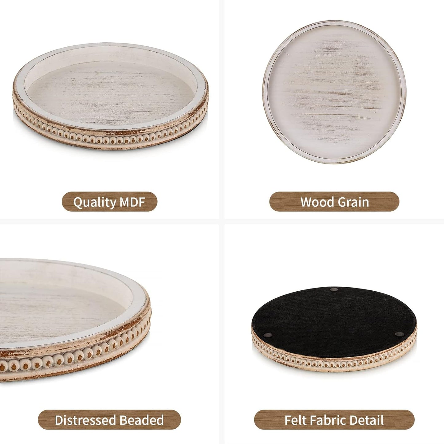 Hanobe Decorative Tray for Coffee Table: 10.5-Inch Round Whitewashed Wood Tray for Rustic Farmhouse Living Room Kitchen Island Entryway Home Decor