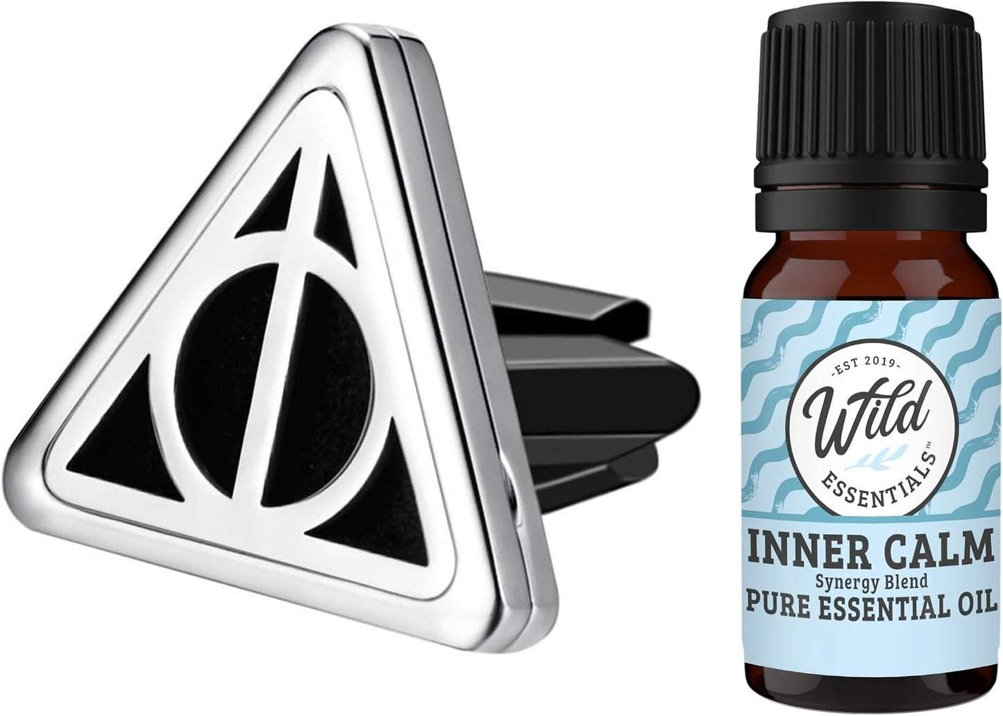 Wild Essentials Potter Hallows Car Vent Diffuser Kit – 316L Stainless Steel Locket, Rubber-Coated 4-Way Clip, 8 Color Pads (22mm), 25mm – Includes Inner Calm (1 x 10ml)