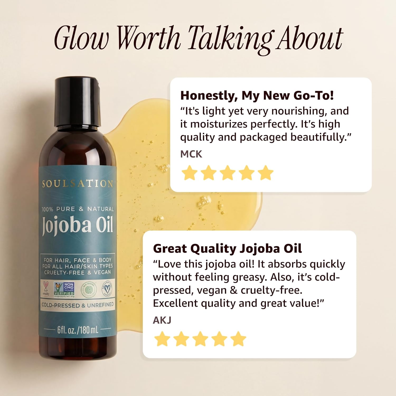 SOULSATION 100% Pure Jojoba Oil Bulk Size (32oz) for Face, Hair & Nails - Non-GMO, Cold-Pressed Moisturizing Premium Carrier Oil, Unrefined For Aging, Wrinkled, & Dry Skin, Frizzy, Damaged Hair