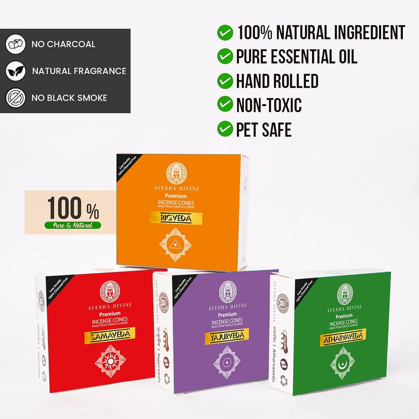 Incense Cones Variety Pack - Veda Collection Samaveda Rigveda Yajurveda Atharvaveda - 80 Natural Hand-Rolled Cones, Organic & NonToxic, Long Burning Aroma for Meditation, Yoga, Relaxation Gift Set