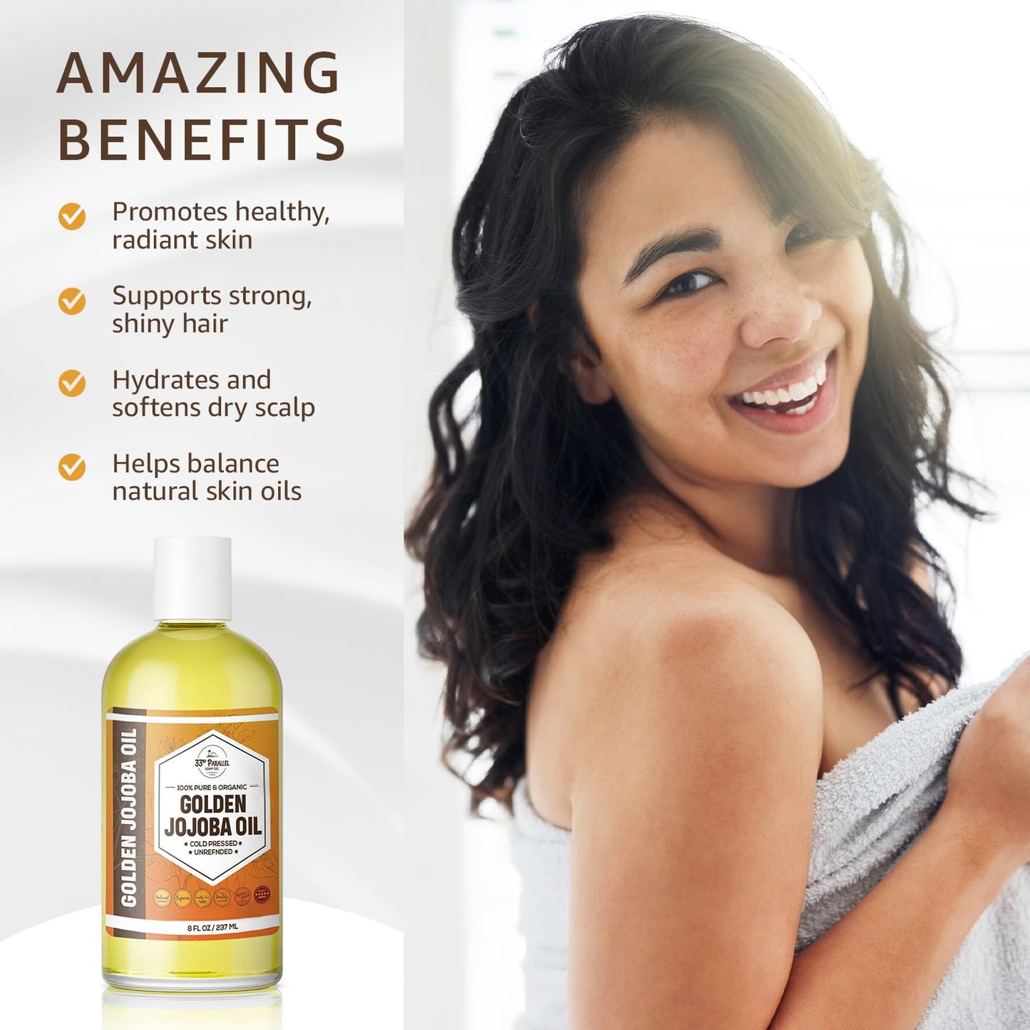 33rd PARALLEL | Golden Jojoba Oil (8 oz) Cold Pressed & Unrefined; Non-GMO; 100% Pure & Natural Hexane Free | Moisturizing Oil for Skin, Face, Hair & Nails | 8 FL OZ