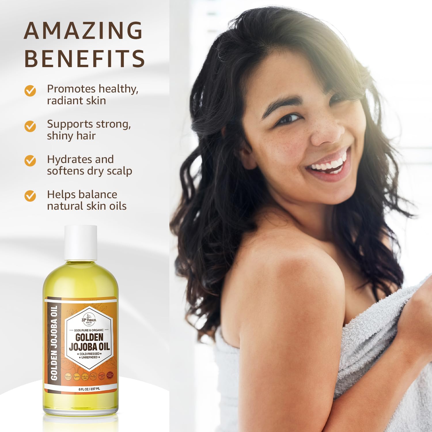 33rd PARALLEL | Golden Jojoba Oil (8 oz) Cold Pressed & Unrefined; Non-GMO; 100% Pure & Natural Hexane Free | Moisturizing Oil for Skin, Face, Hair & Nails | 8 FL OZ