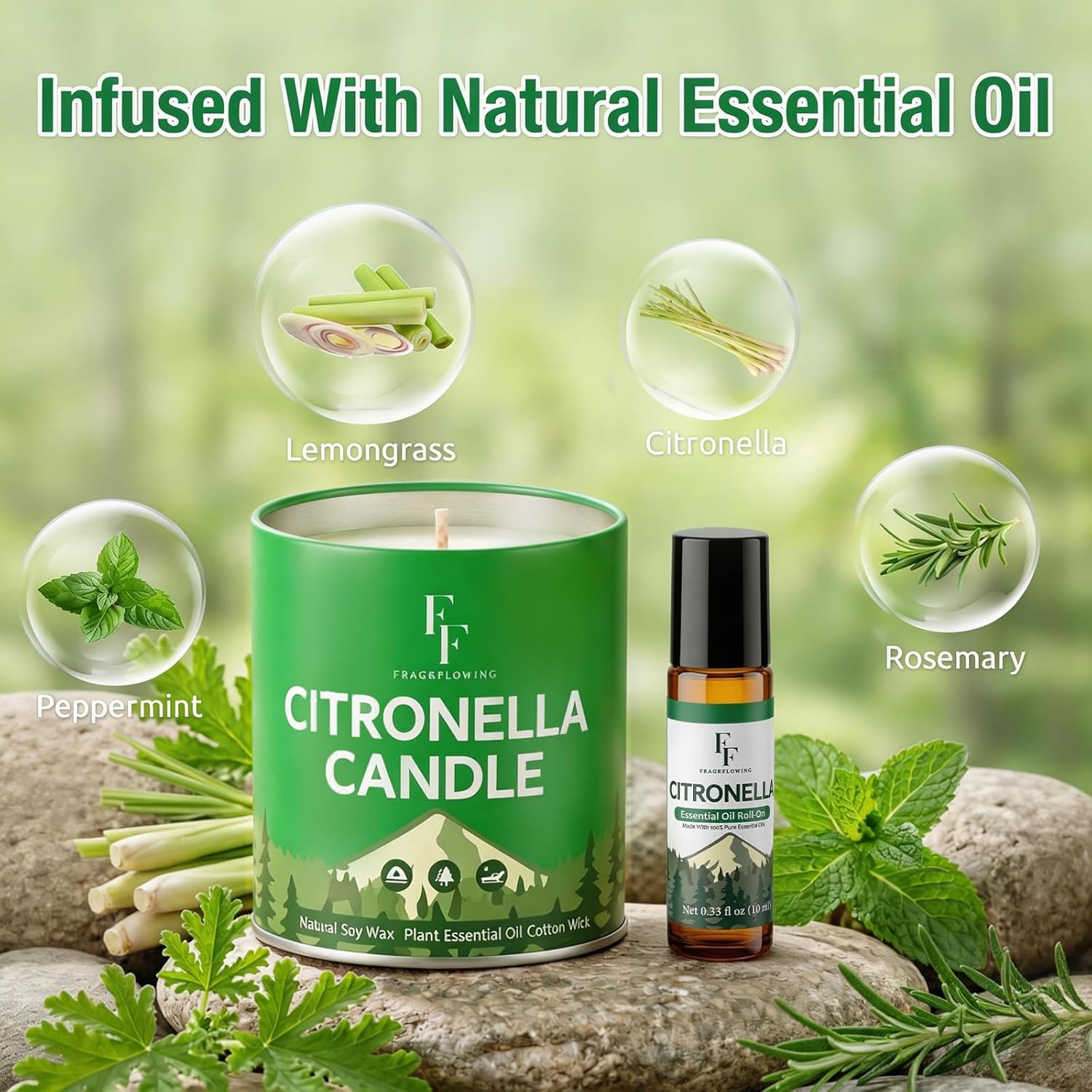 Citronella Candles Outdoor, Indoor Lemongrass Scented Candles with Citronella Essential Oil Roll On, Natural Soy Wax Jar Candle for Outside Camping Patio, 200-Hour Burn Time, 9 oz (4 Pack)