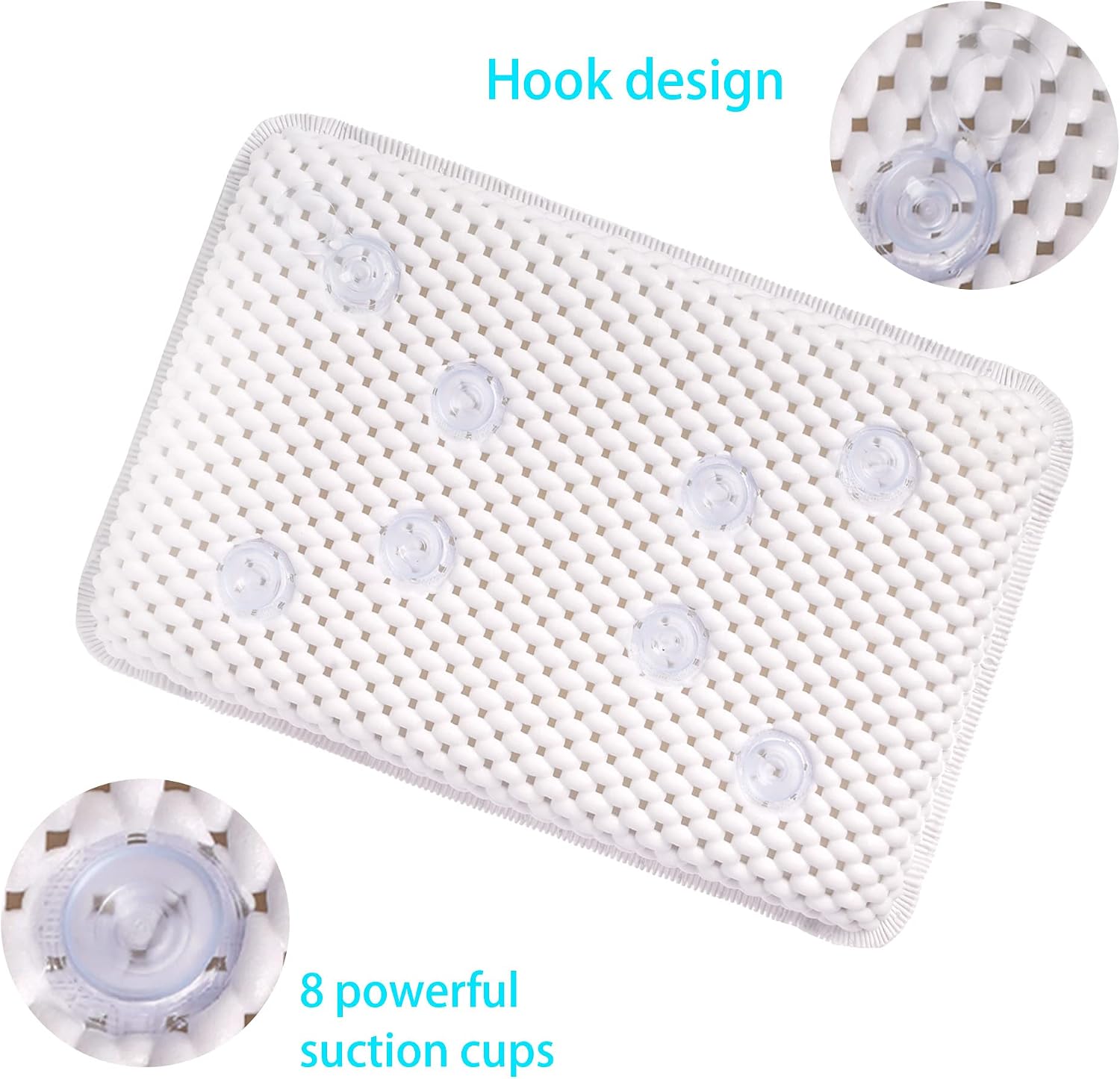OSVINO Bath Pillow Thick Comfy Drainage for Jetted Tub Spa Cushion with 8 Suction Cups, White, 7.5"x11.5"x2"