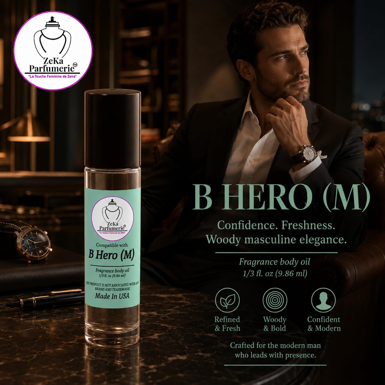 Compare to Aroma Compatible with Hero for Men Fragrance Body Oil on 1/3 oz (9.86ml) Travel Size Roll-On Botlle