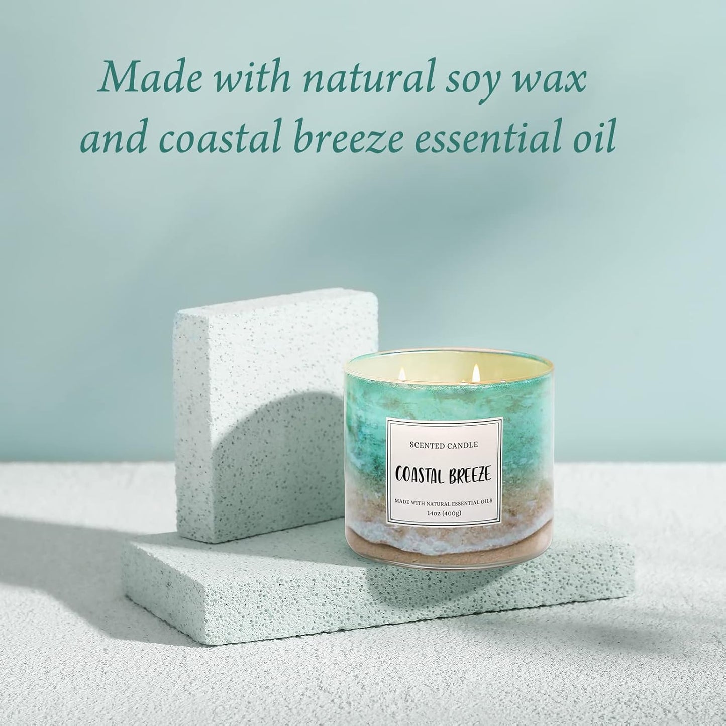 Coastal Breeze Scented Candle, 14 oz Summer Ocean Beach Candle Gift for Women and Men, Natural Soy Wax, 3 Wicks, Up to 40 Hours Burning Time