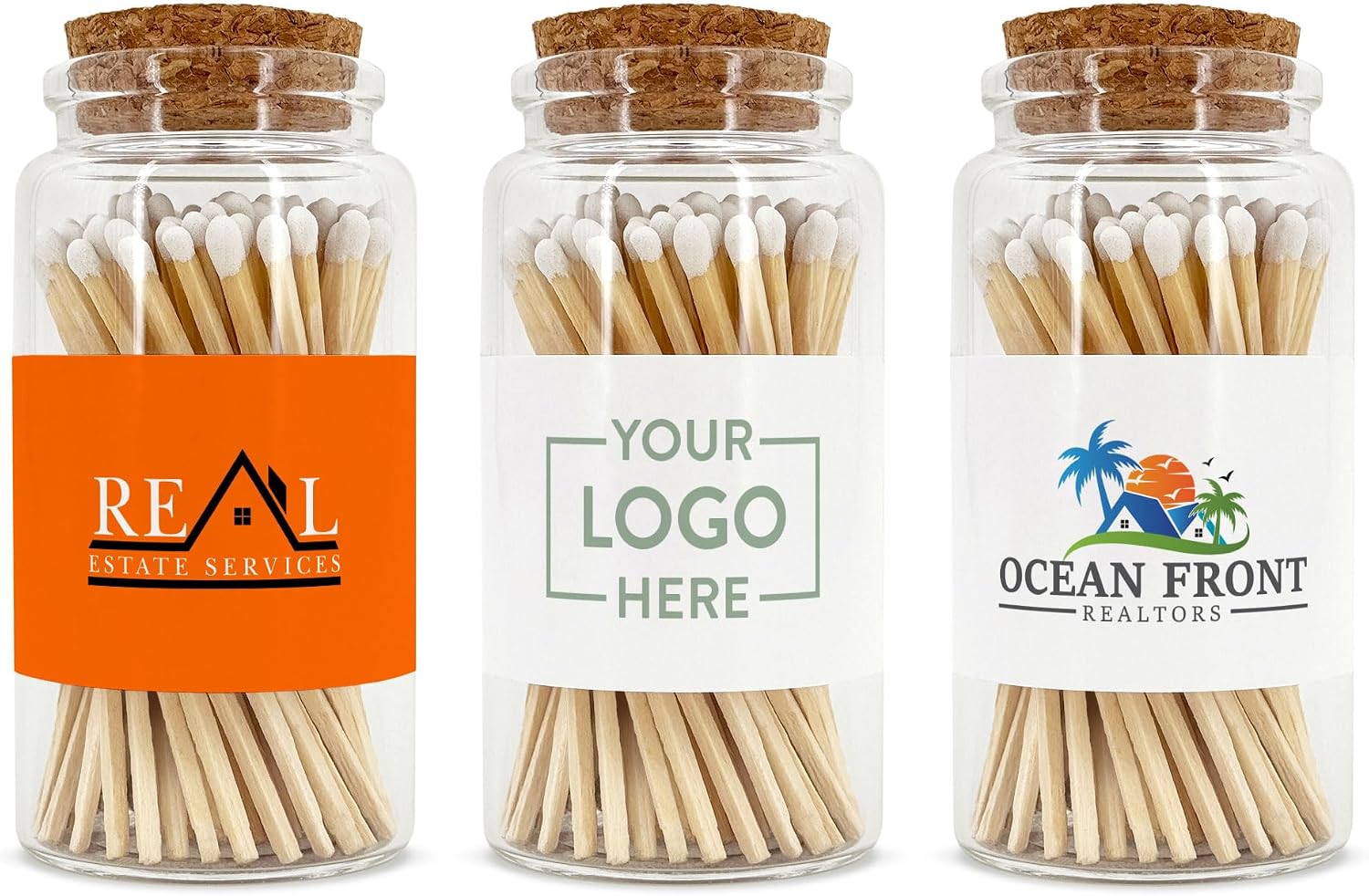 Custom Wooden Matches in a Jar with Striker - Realtor Swag, Real Estate Agent Marketing - Personalized Matches Bulk with Your Logo, Long Matches in Apothecary Glass Jar, Approx. 80 Safety Matches