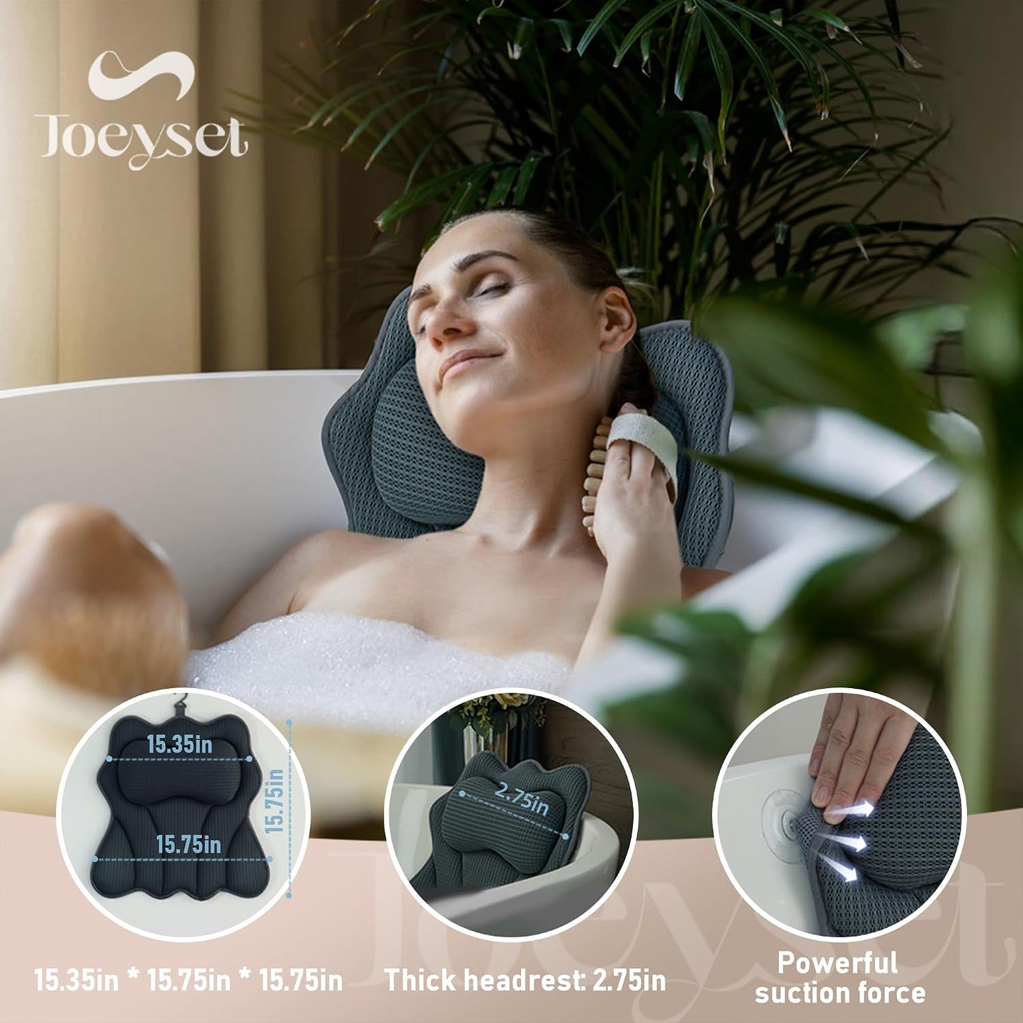 Bath Pillows for Tub – Luxury Bath Pillow & Bathtub Pillow with 6 Strong Suction Cups, Soft Cushion for Head and Neck Support, Relaxing Bath Accessories for Women (Gray)