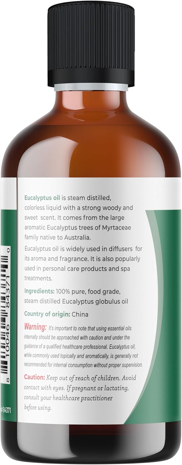 Viva Doria Eucalyptus Essential Oil, Food Grade, 118 ml (4 Fl Oz) | 100% Pure & Natural Eucalyptus Globulus | Aromatherapy Oil for Diffuser, Steam, and Massage
