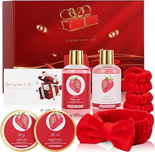 Mothers Day Gifts for Women, Strawberry Bliss 9 Pcs Bath Gift Set for Women - Moisturizing Skin Care Set with Body Butter | Self Care Kit for Birthday, Valentines Day, Christmas Gift in Premium Box