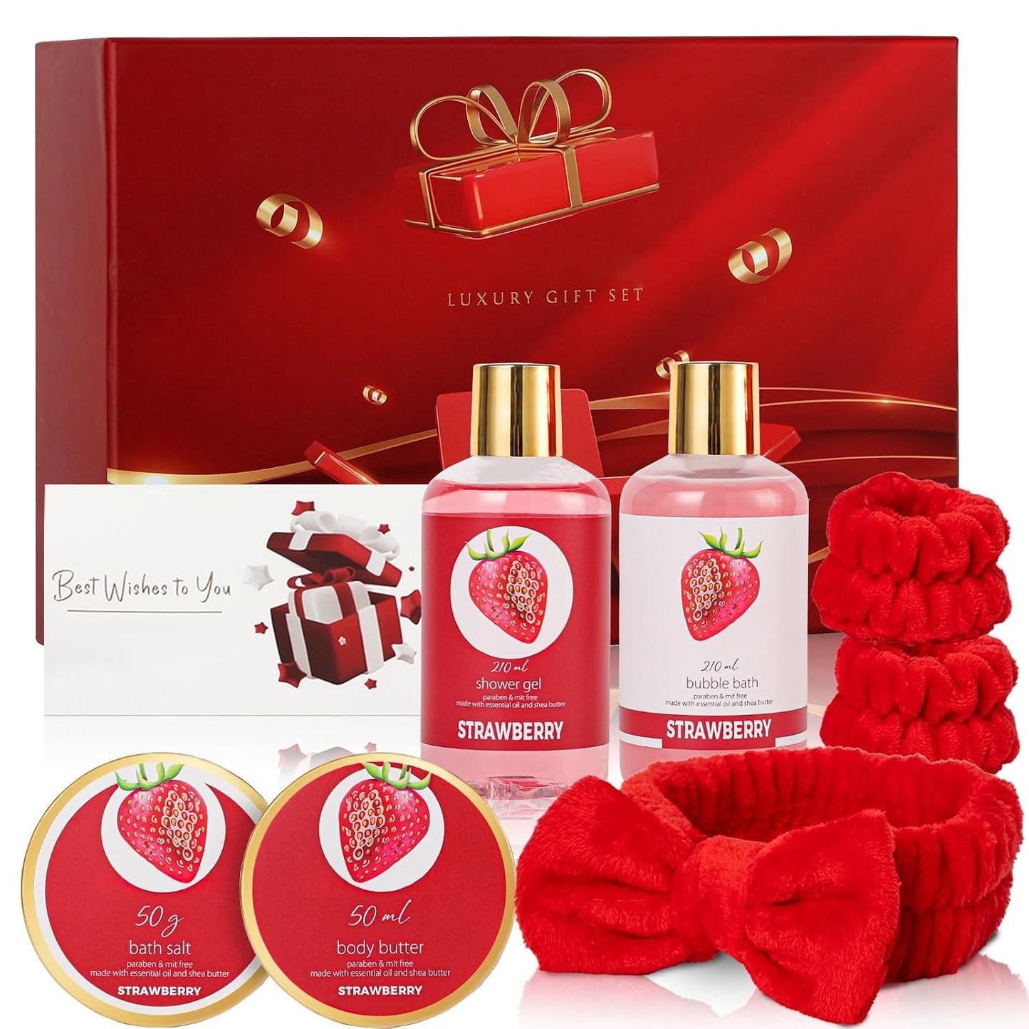Mothers Day Gifts for Women, Strawberry Bliss 9 Pcs Bath Gift Set for Women - Moisturizing Skin Care Set with Body Butter | Self Care Kit for Birthday, Valentines Day, Christmas Gift in Premium Box