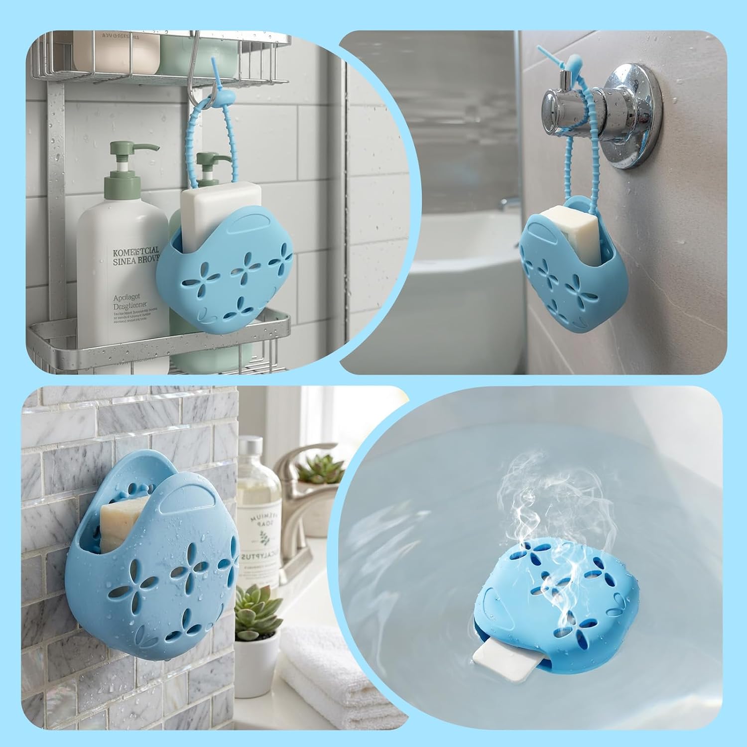2 Pack Shower Steamer Holder Suction Cup | Silicone Bathroom Accessories with Adjustable Hanging Strap, Non-Slip Aromatherapy Diffuser Container, White & Blue
