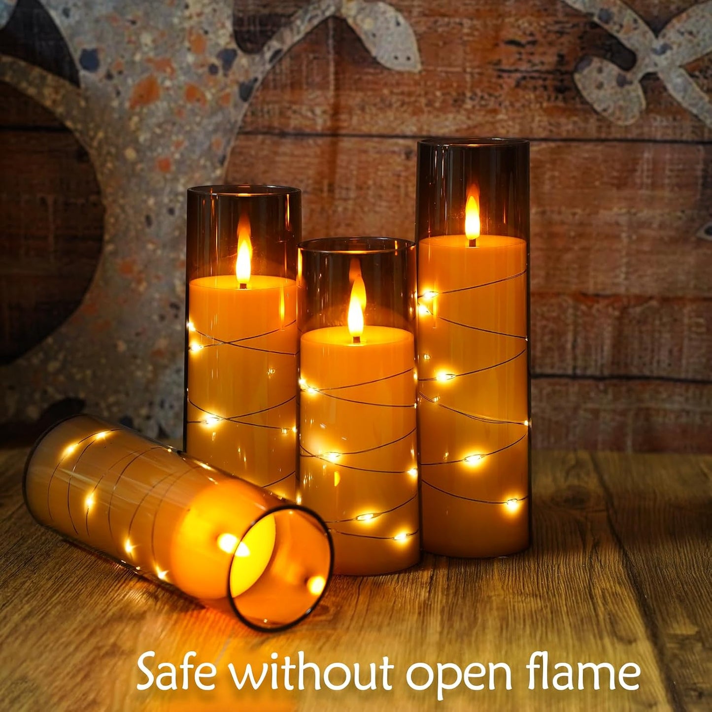 Eebuss Flameless Candles with Embedded Star String, Battery Operated LED Pillar Candles with Timer and Remote Control,Home Decorating for Ambiance， Set of 7(Grey)
