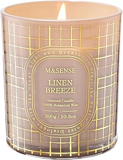 M&SENSE Fresh Linen Soy Candle 10.3oz Golden Stamped | Non-toxic, 55H Slow Burn, Clean Cotton Summer Scented, Laundry Room & Bathroom Freshener
