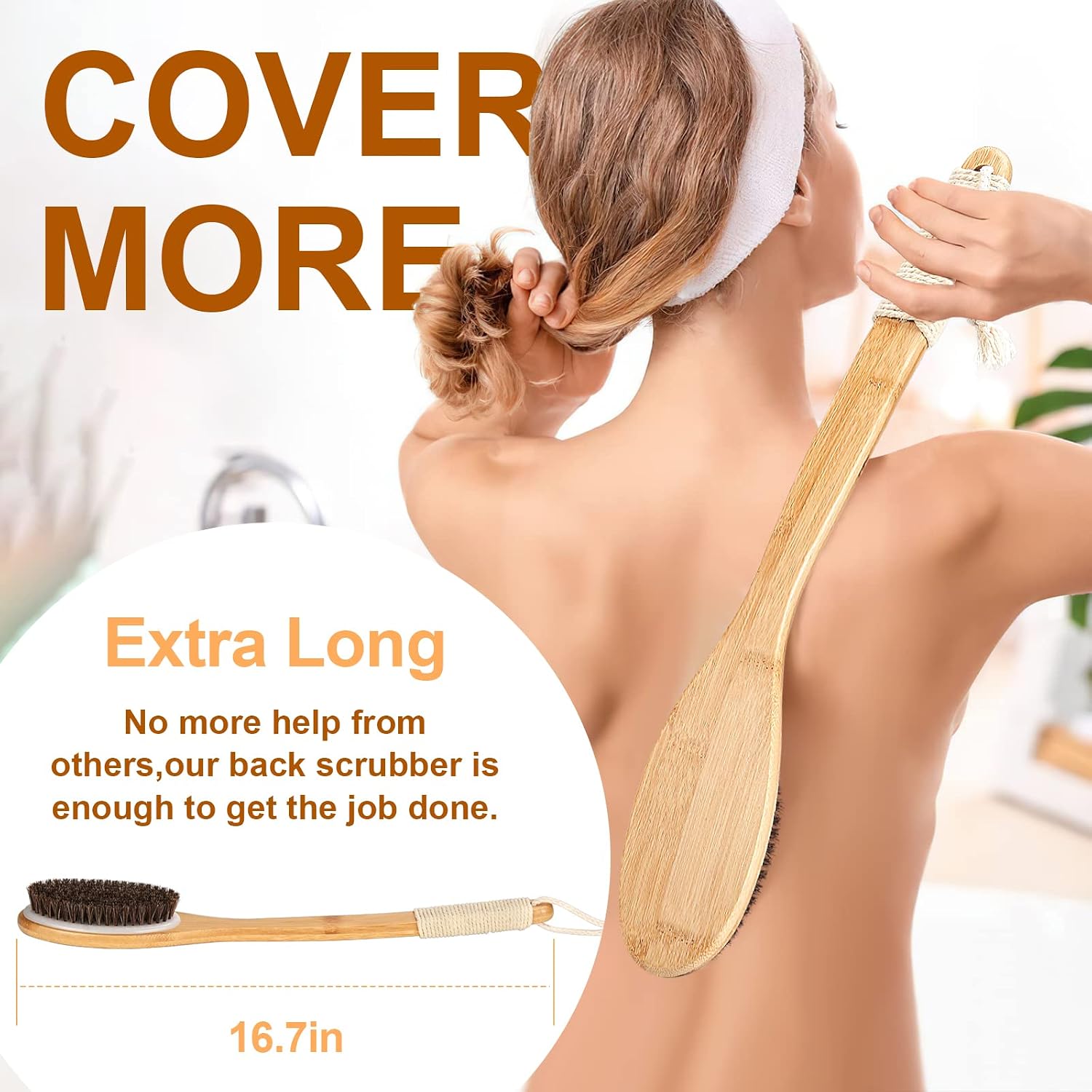 eaxun Bamboo Shower Brush with Curved Long Handle, 16.7 Inches Exfoliating Back Scrubber with Natural Bristles for Men & Women, Back Exfoliator Body Washer for Bath or Dry Brushing