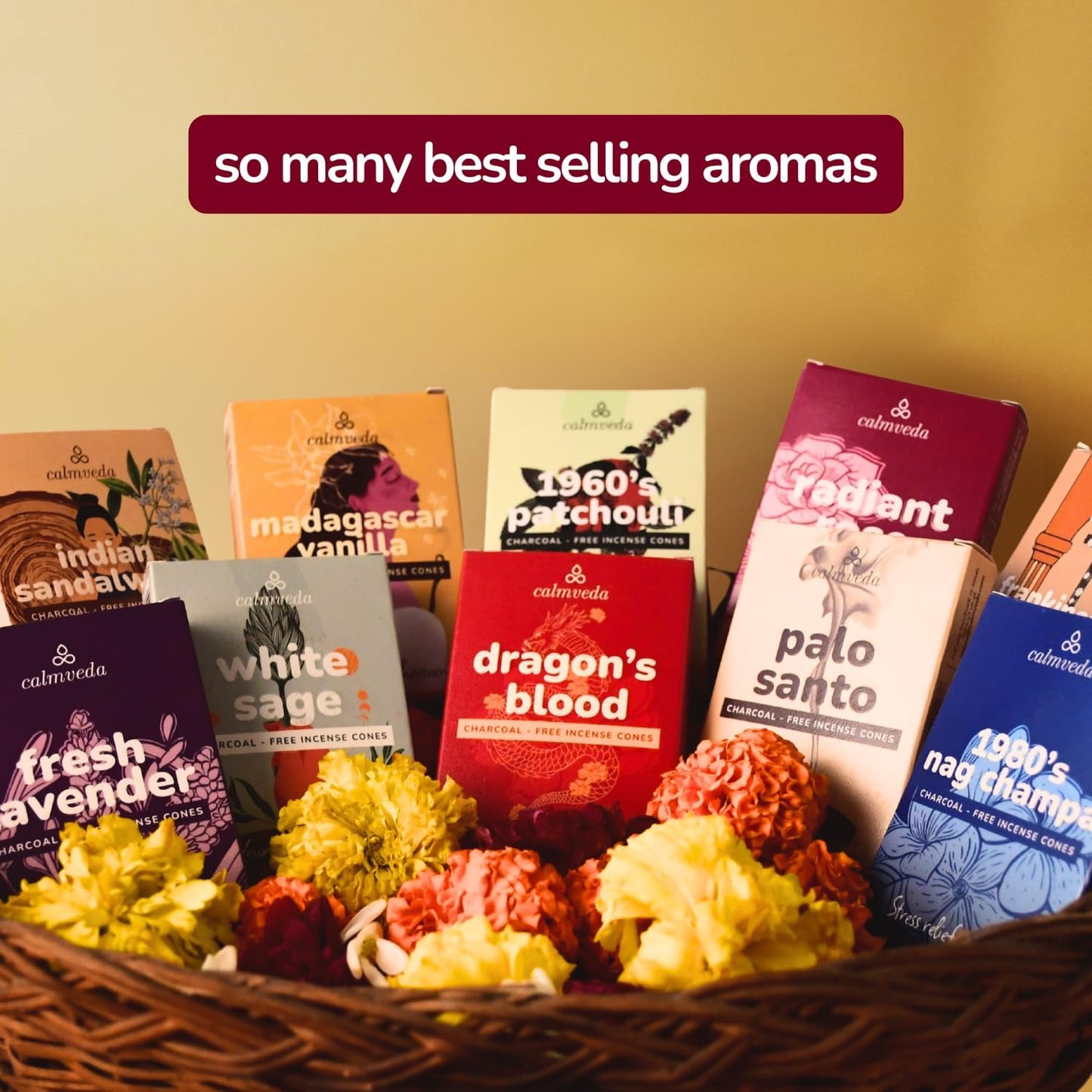 CALMVEDA Organic Incense Cones Scented - (120 Cone Incenses, 10 Variants) Clean No Charcoal Incense, Made from Upcycled Flowers | Palo Santo, Frankincense, Nag Champa Cones, etc. (with Holder)