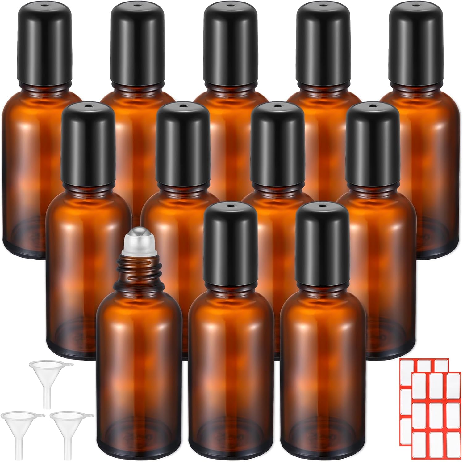 Sumind 12 Pcs 30ml Roller Glass Bottle Essential Oil with Stainless Steel Refillable Sample Container Brown Empty Roller Bottle Applicator with Funnel Sticker for Travel(Amber)
