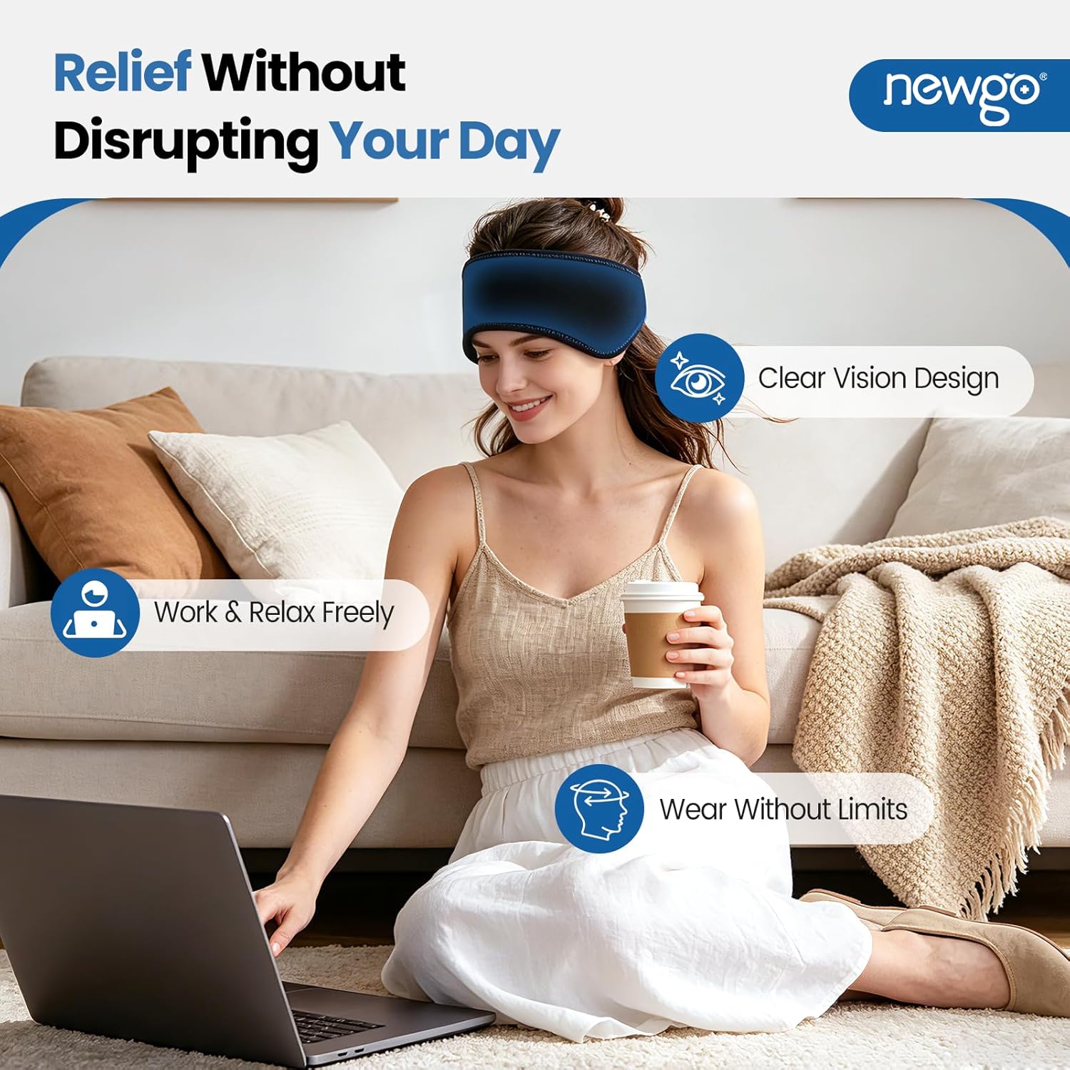 NEWGO Headache Ice Pack Head Wrap for Migraines, FSA Eligible, Cold Pack Head Ice Therapy Wrap for Headache Relief, Tension, Sinus Pain, Chemo, Head Injuries