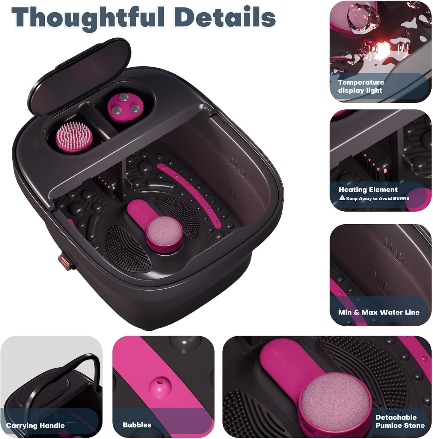 Collapsible Foot Spa Bath Massager with Heat, Remote, Temperature Control, Timer, Foot Soaking Tub with 3 Pedicure Attachments and Foot Pedicure Kit