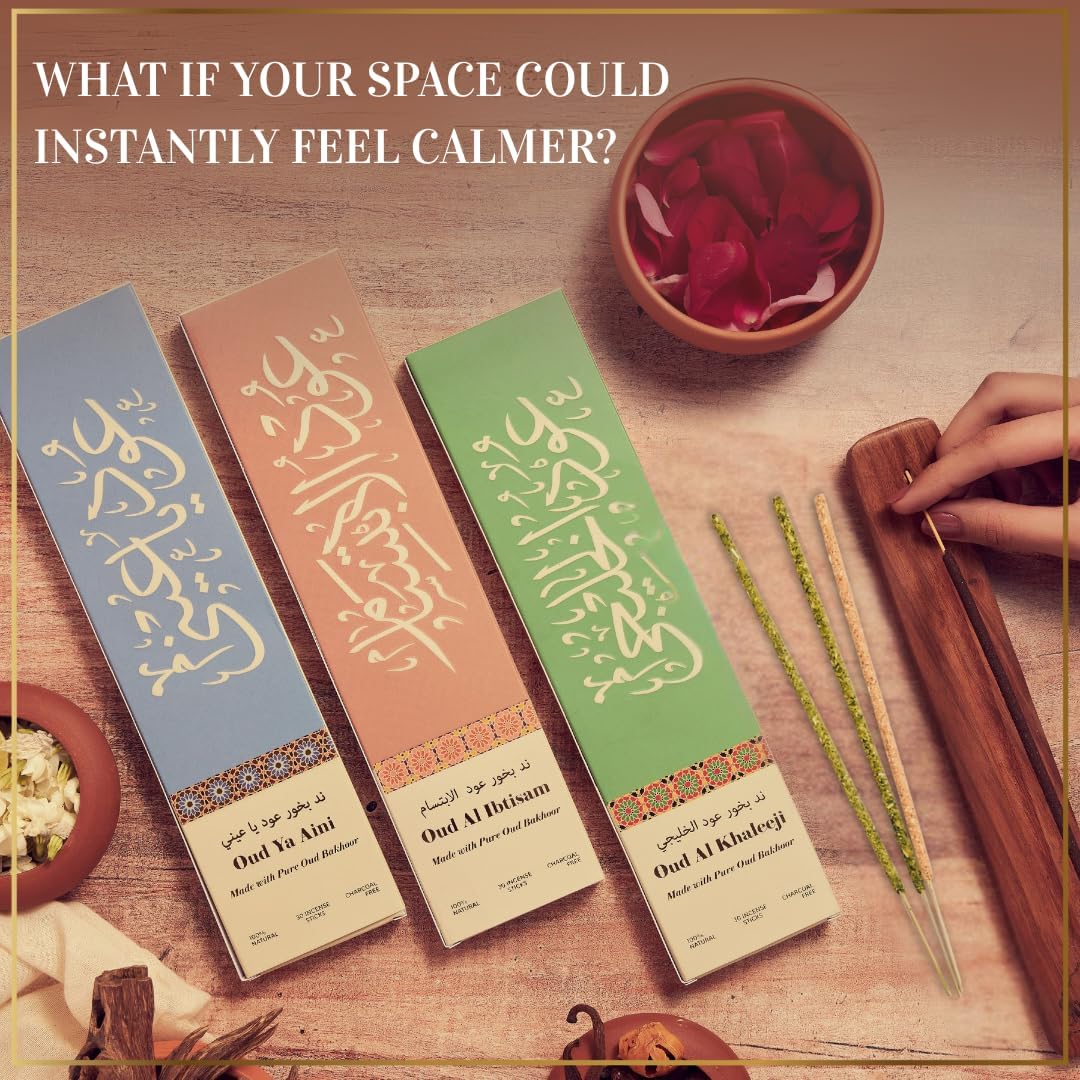 Arabian Oudh Incense Sticks by Dukhni – 90 Premium Agarwood Oud Sticks | 3 Assorted Oudh Fragrances | Organic & Charcoal Free Incense I Long-Lasting Fragrance for Home, Meditation & Relaxation
