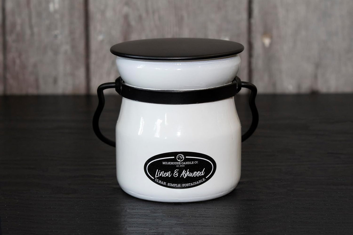 Milkhouse Candle Company Linen & Ashwood Soy Candle - Grey Musk | Dark Gilded Fruits | Tonka Bean & Amber Scented - 5 oz Cream Jar with Lid, 35+ Hour Burn Time, Made in the USA