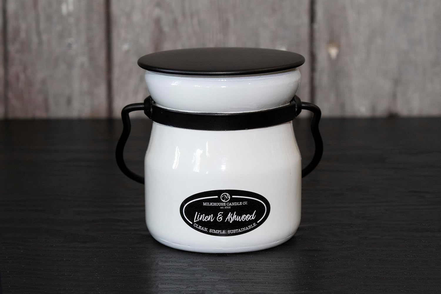 Milkhouse Candle Company Linen & Ashwood Soy Candle - Grey Musk | Dark Gilded Fruits | Tonka Bean & Amber Scented - 5 oz Cream Jar with Lid, 35+ Hour Burn Time, Made in the USA