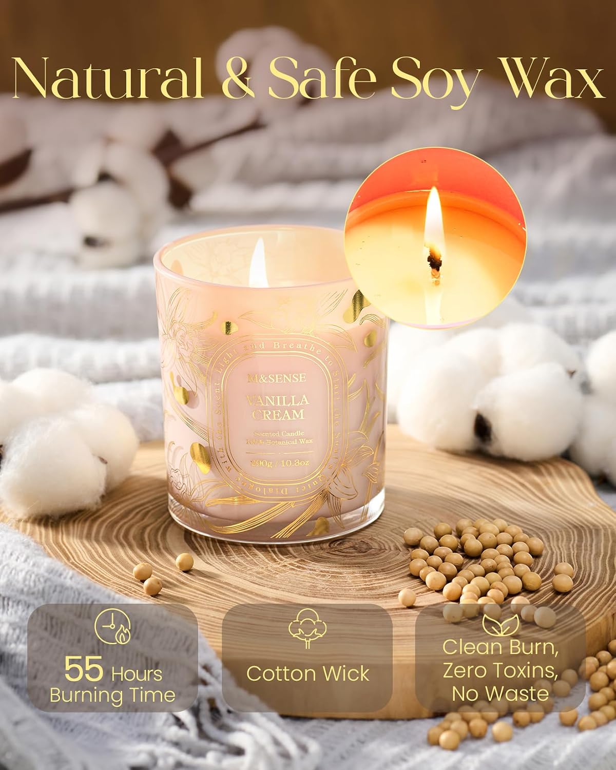 M&SENSE Vanilla Cream Scented Candle 10.3oz Golden Stamped | Non-Toxic Soy Wax, 55 Hours Burn Time, Clean Burn, Cozy Warm Relax Home Fragrance Housewarming Gift