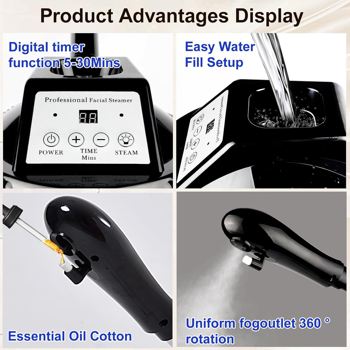 Professional Facial Steamer for Deep Hydration,Ozone Face Steamer with More Steam,Estheticians Steamer on Wheels with Time Setting,Adjustable Height Suitable for Beauty, Spa and Home Use