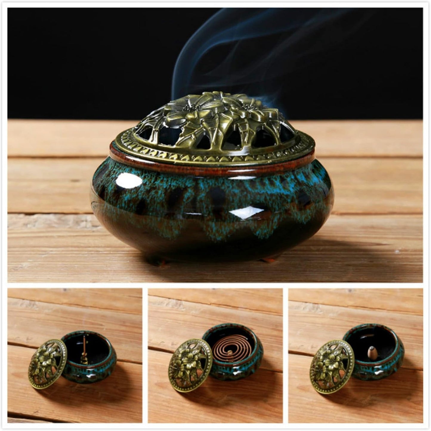 Censer Sky Blue Incense Burner with Calabash Incense Stick Holder - Porcelain Charcoal Censer for Use with Resin Granular Powder Cone or Coil Incense (Blue Fambe)