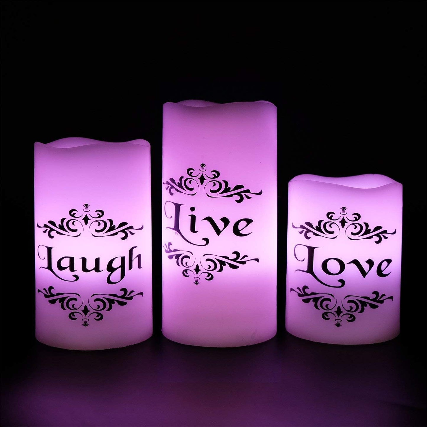 Color Changing LED Flameless Candles with 18-Key Remote and Timer, Live Love Laugh Decals Battery Operated LED Flickering Pillar Candles Dinner Wedding Decor 3 x 4, 5, 6