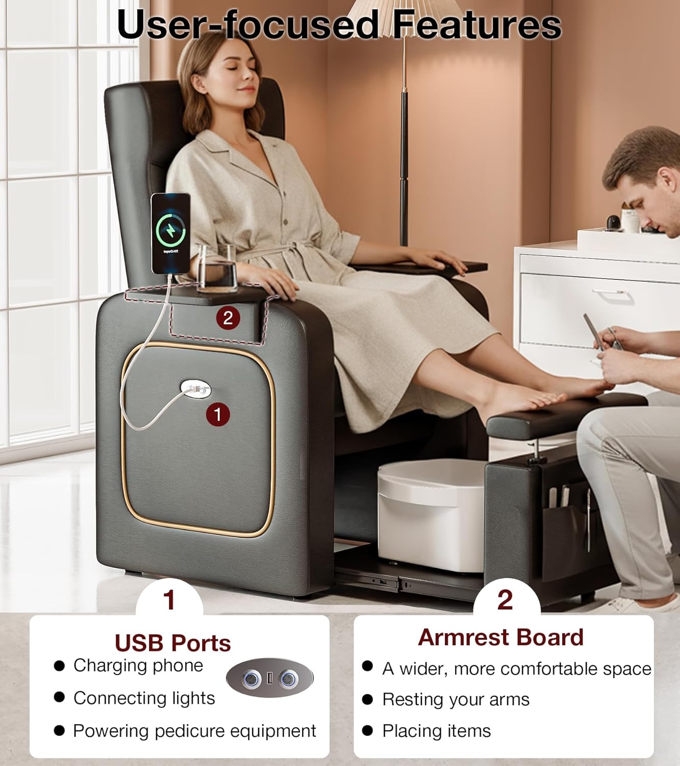 VARONXE Electric Pedicure Chair No Plumbing, Recliner Sofa with Massage for Foot Bath, Pedicure Station for Foot Spa with Tool Pouch for Small Spaces, Black