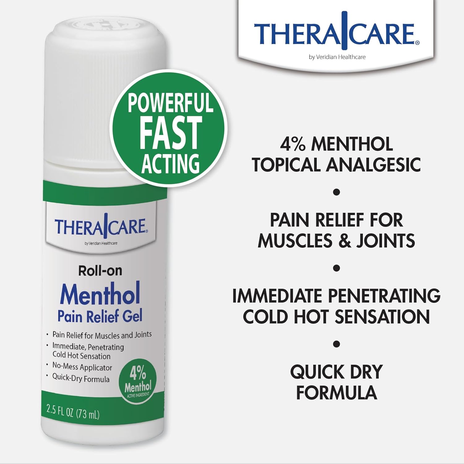 TheraCare 4% Menthol Roll-On | Cold Hot Sensation | Pain Relief Gel | 2.5 oz. 73 mL | Non-Greasy Formula | Immediate Penetrating Action | Topical Analgesic