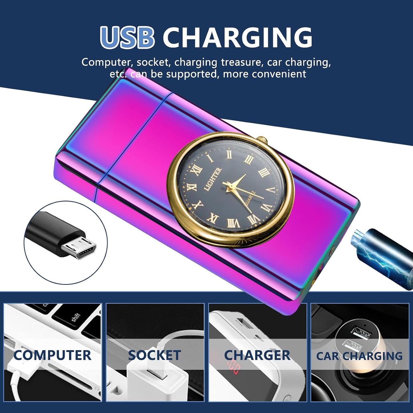 SKRFIRE Electric Arc Lighter USB Rechargeable Windproof Plasma Lighter with Double Pulse, LED Display for Candles BBQ Camping, for Men Women (Prestige Colorful)