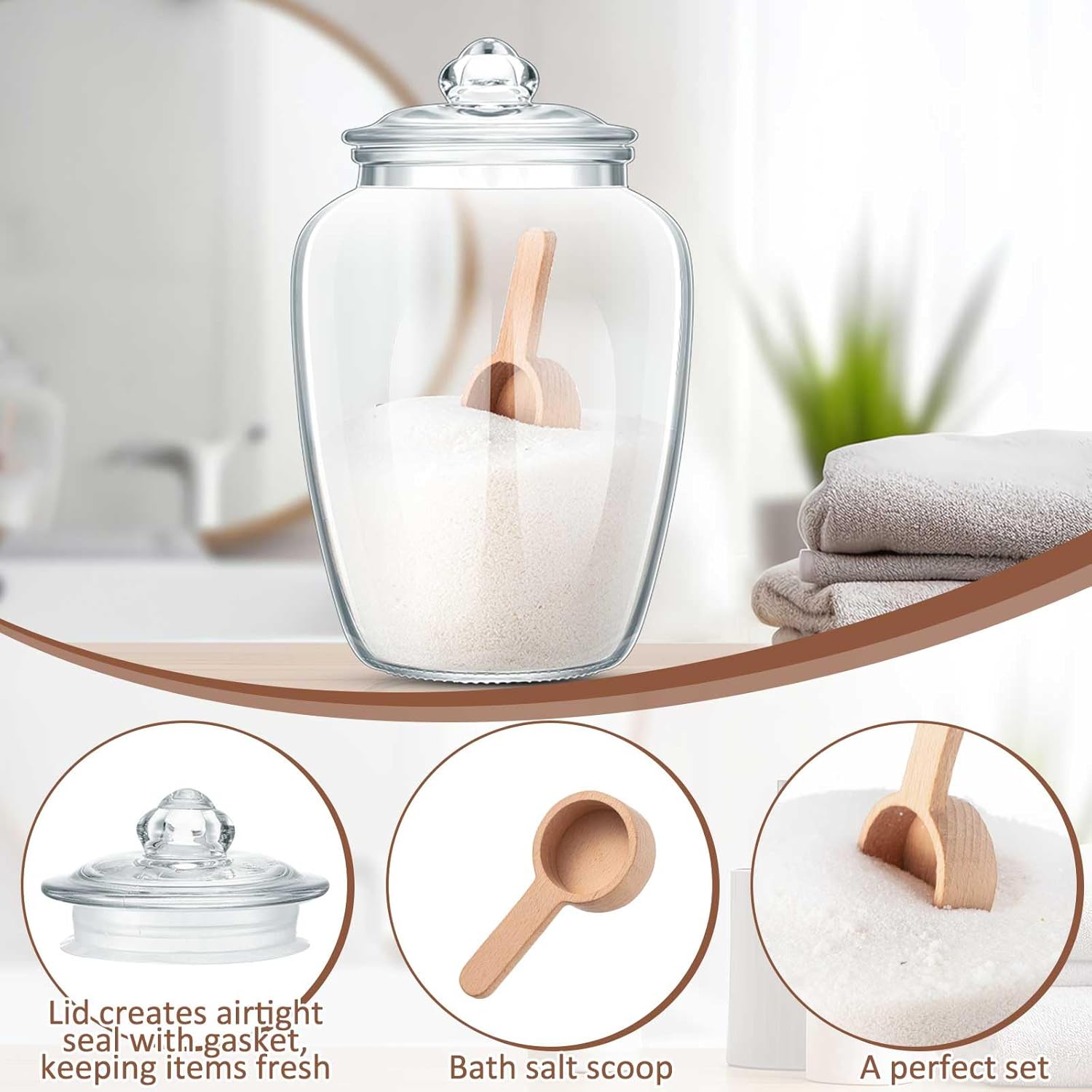 SiliFine 2 Set 74 oz Bath Salt Containers with Airtight Lids and Wooden Scoops, Large Glass Apothecary Jars for Epsom Salt, Bathroom Storage, Laundry Soap, Flour, Sugar and Tea(Clear)