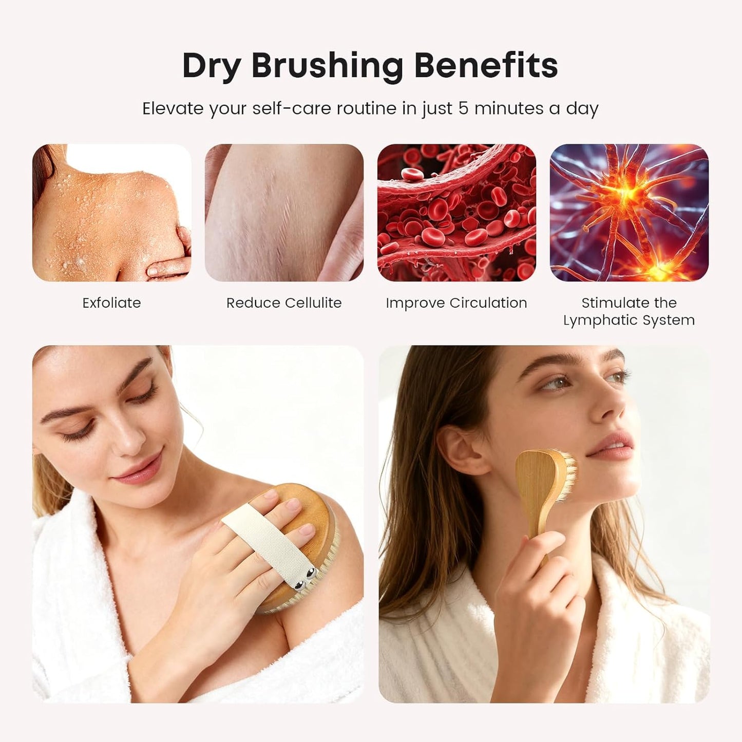 eaxun Bamboo Dry Brushing Body Brush Set, Natural Exfoliating Boar Bristle Face & Body Scrub Brush for Lymphatic Drainage, Cellulite, Blood Circulation and Glowing Skin, 2 Pack