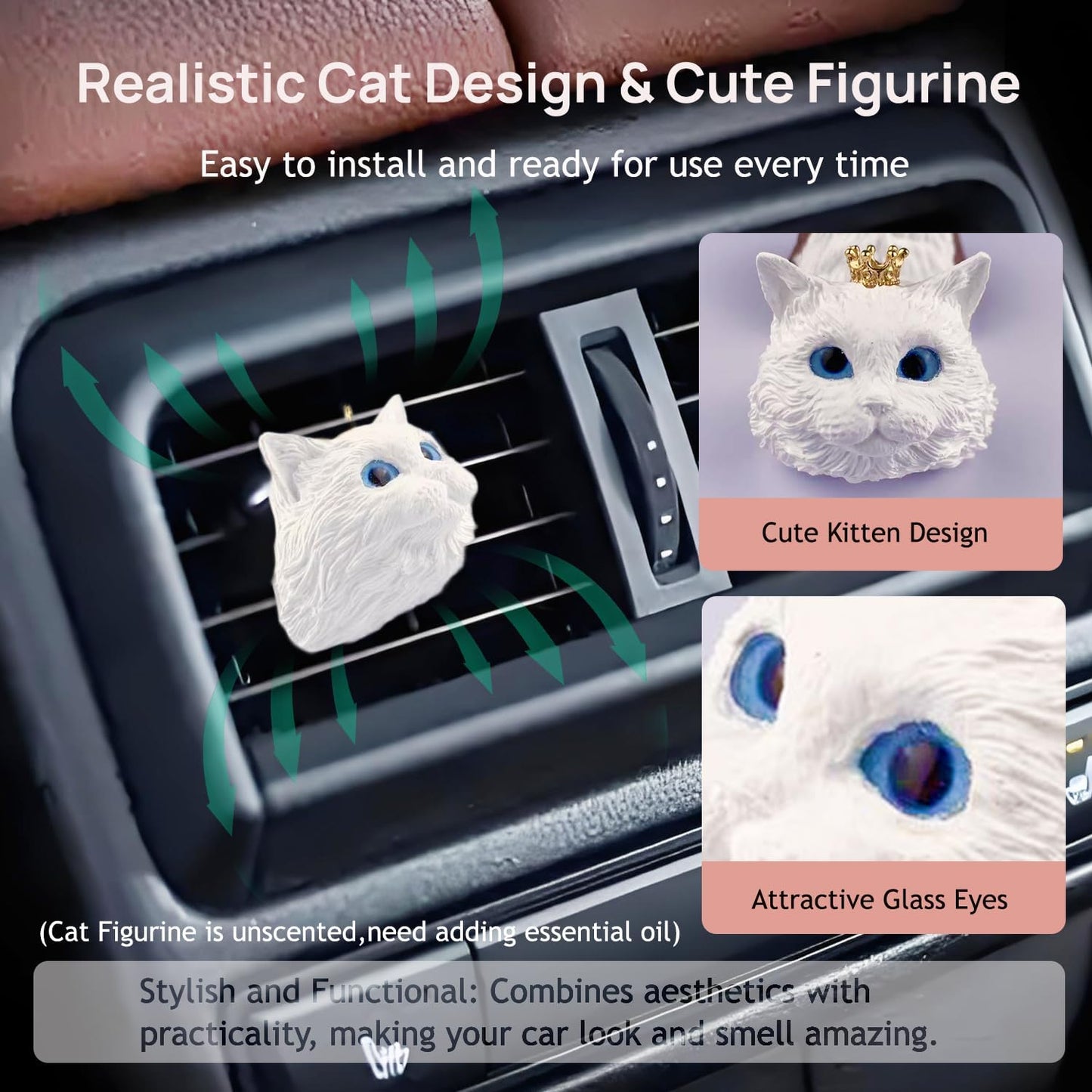Car essential oil diffuser with vent clip cute kitty gypsum figurine car diffuser car decor air vent clips for women men (Sky blue eyes, one size)