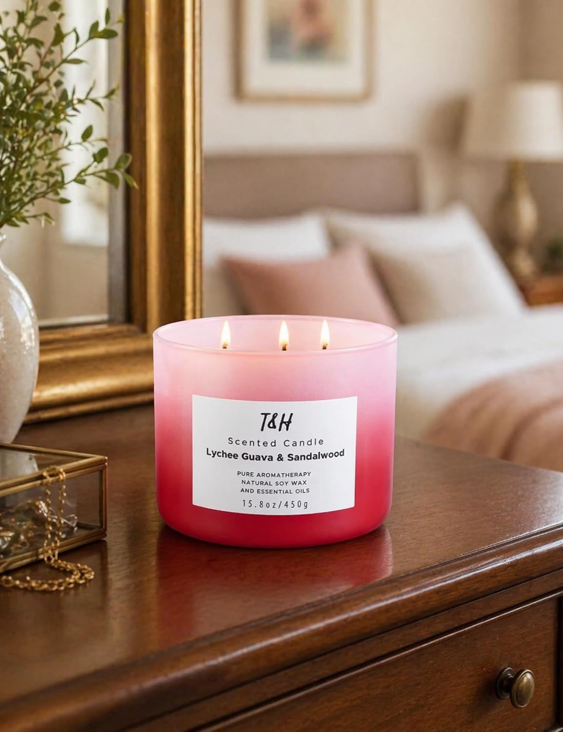 Lychee Guava Sandalwood 3 Wick Pink Scented Soy Summer Candle 15.8 oz | Sweet, juicy fruity tropical aromatherapy candle; clean burning, fills the room; candles for women; gift for girlfriend